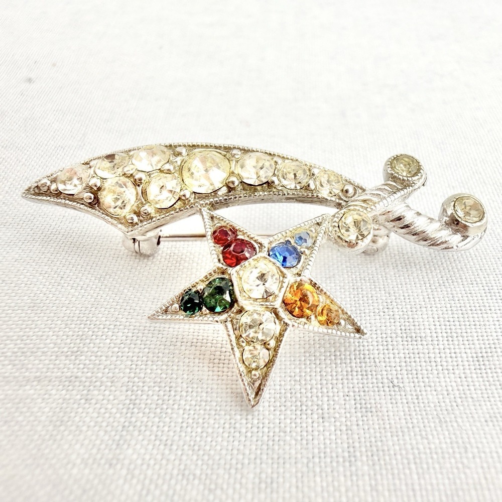 Vintage Signed Bogoff Brooch Pin Rhinestone Star Rainbow OES Silver Tone Retro